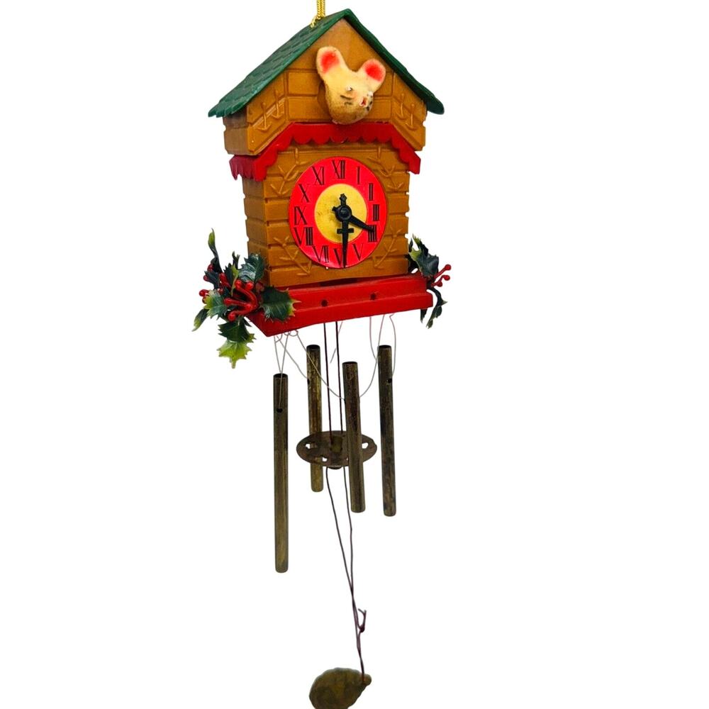 Vintage Christmas Cuckoo Clock Mouse WINDCHIME Plastic KITSCHY MadeIn Hong Kong